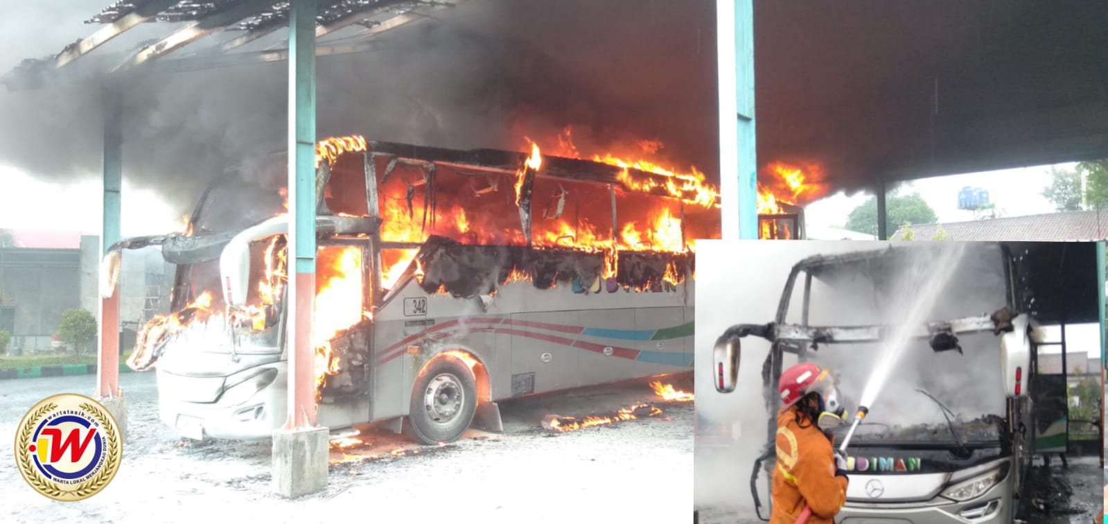 Kebakaran Bus di Pool Budiman, Damkar Kota Tasik Terjunkan 1 Unit Water Supply dan Fire Truck
